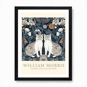 William Morris  Inspired  Classic Cats White Cats Blue Art Print