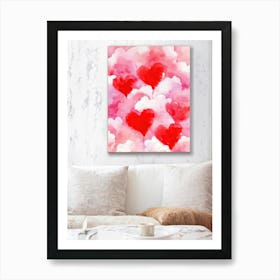 Abstract Acrylic Illustration Of Voluminous Clouds Symbolizing Love With Splashes Of Bright Red Re Art Print