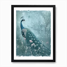 Cyanotype Peacock Collage With Flowers Art Print