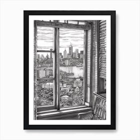 A Window View Of Sydney In The Style Of Black And White  Line Art 3 Art Print