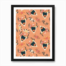 Black Bulls with Flower Crowns on Orange Art Print