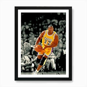 Magic Johnson Of The Los Angeles Lakers Dribbles The Ball Upcourt Against The Utah Jazz Art Print