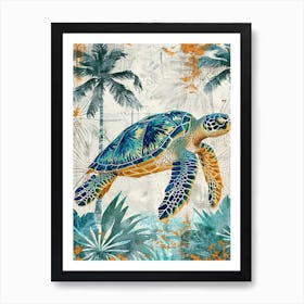 Blue Mixed Media Sea Turtle Collage Art Print