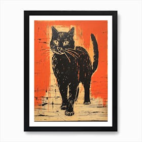 Black Cat, Woodblock Animal  Drawing 5 Art Print