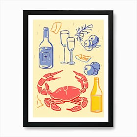 Crab And Wine Kitchen Dinner Illstration Art Print