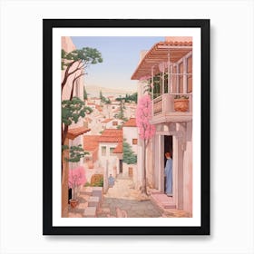 Paphos Cyprus 3 Vintage Pink Travel Illustration Art Print