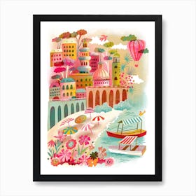 Amalfi Coast Summer View Hot Air Balloon Art Print