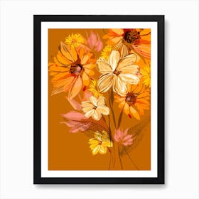 Retro Flowers Orange Abstract Art Print