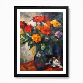 Flower Vase Anemone With A Cat 3 Impressionism, Cezanne Style Art Print