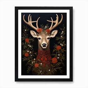 Deer Portrait With Rustic Flowers 3 Art Print