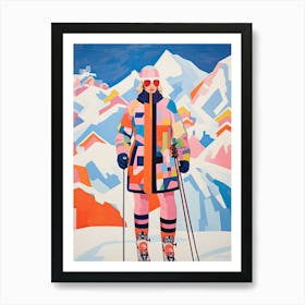 Skiing Woman Colourful Illustration Art Print
