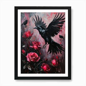 Crows Caught In Mid Flight Twisted Amongst Roses With Thorns Casting Intricate Shadows Gothic Atmo Art Print