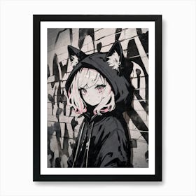 Kawaii Aesthetic Monochrome Nekomimi Anime Cat Girl Urban Graffiti Style Art Print