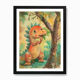 Cute Stegosaurus Eating Leaves Pencil Crayon Illustration Art Print