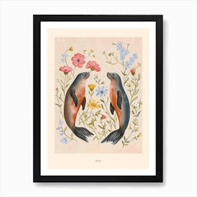 Folksy Floral Animal Drawing Seal 4 Poster Art Print