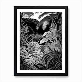 Wellington Botanic Garden, New Zealand Linocut Black And White Vintage Art Print