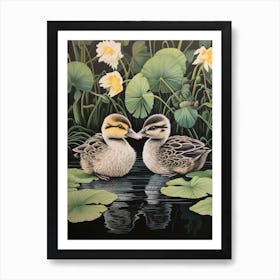 Ducklings With The Water Lilies Japanese Woodblock Style  7 Art Print