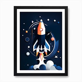 Space Rocket Launch Vector Illustration, Rocket blasting off over mountains and stars, Rocket wall art, Children’s nursery illustration, Kids' room decor, Sci-fi adventure wall decor, playroom wall decal, minimalistic vector, dreamy gift Art Print