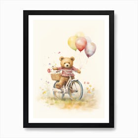 Bicycling Teddy Bear Painting Watercolour 3 Art Print
