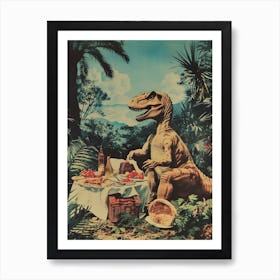 Dinosaur Having A Picnic Retro Collage 4 Art Print