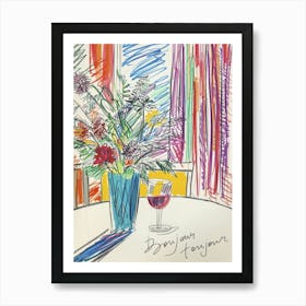 Bonjour Toujour. Flowers and Wine on the Table. Matisse Style Travel French Sketch Art Print