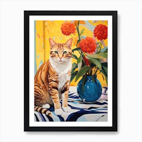 Cymbidium Orchid Flower Vase And A Cat, A Painting In The Style Of Matisse 0 Art Print