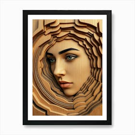 Women Face Wood Carving Art Print