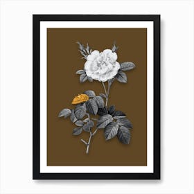 Vintage White Rose Black and White Gold Leaf Floral Art on Coffee Brown n.0550 Art Print