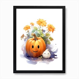 Cute Ghost With Pumpkins Halloween Watercolour 146 Art Print