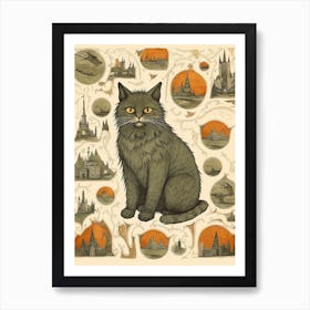 Grey Cat With Gothic Medieval Castles Art Print