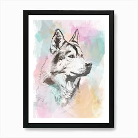 Alaskan Malamute Pastel Line Watercolour Illustration  1 Art Print