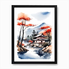 Watercolor Japanese Landscape Painting (1) Art Print