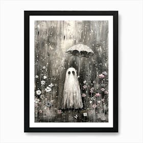 The Little Ghost Smiling in the Rain Illustration | Ghost Art Print Holding an Umbrella | Ghostly Spooky Cute Halloween Cottagecore in HD Art Print