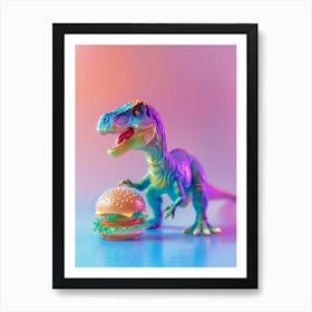 Pastel Neon Toy Dinosaur With A Hamburger Art Print