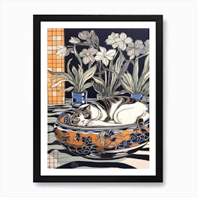 Drawing Of A Still Life Of Lilies With A Cat 4 Art Print