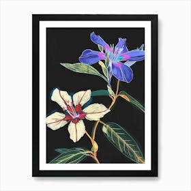 Neon Flowers On Black Periwinkle 2 Art Print