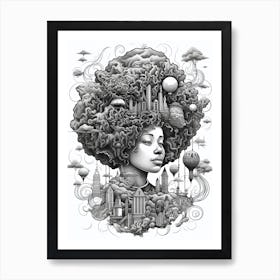 Afro City Pencil Drawing Black And White Art Print