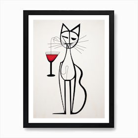 Cat And Cocktail Line Art 2 Art Print