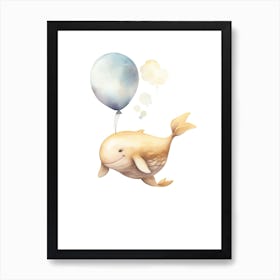 Baby Whale Flying With Ballons, Watercolour Nursery Art 1 Art Print