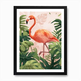 American Flamingo And Philodendrons Minimalist Illustration 3 Art Print