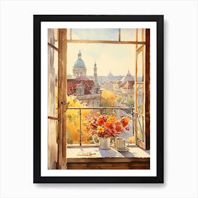 Window View Of Belgrade Serbia In Autumn Fall, Watercolour 3 Art Print