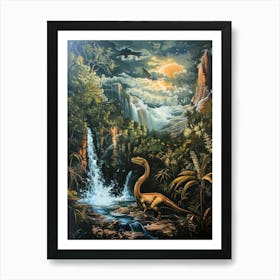 Dinosaur By A Waterfall Painting 2 Art Print