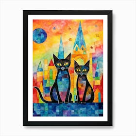 Two Cats On A Starry Night In Front Of A Medieval Church Art Print