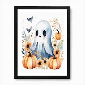 Watercolor Ghost With Pumpkins Art Print