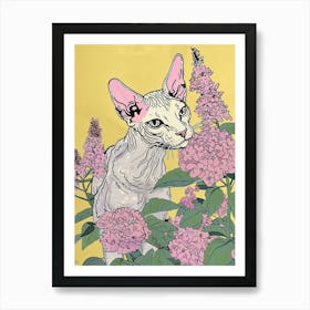 Cute Cornish Rex Cat With Flowers Illustration 3 Art Print