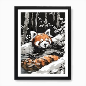 Red Panda Relaxing In A Hot Spring Ink Illustration 4 Art Print