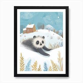 Sloth Bear Cub Sliding Down A Snowy Hill Storybook Illustration 1 Art Print