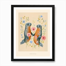 Folksy Floral Animal Drawing Elephant Seal 2 Poster Art Print