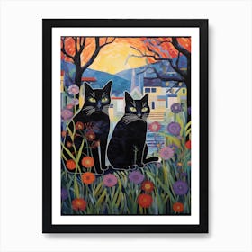 Two Black Cats In A Meadow With A City Scape Background Art Print