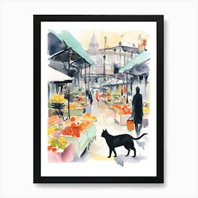 Food Market With Cats In London 2 Watercolour Art Print